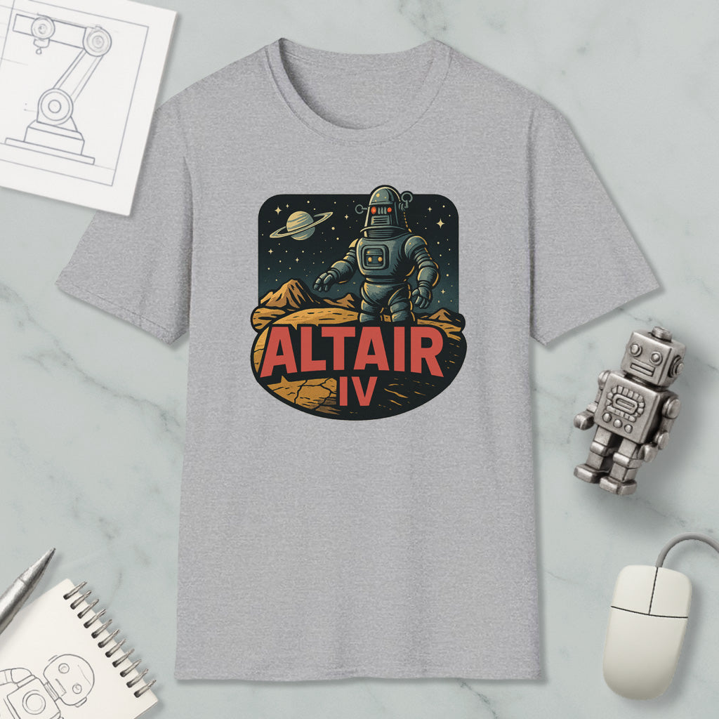 a gray t-shirt with a graphic design depicting a robot standing on a rocky surface with a planet in the background, along with the text "ALT AIR IV".