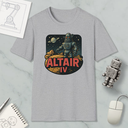 a gray t-shirt with a graphic design depicting a robot standing on a rocky surface with a planet in the background, along with the text "ALT AIR IV".