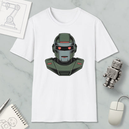 a white t-shirt with a graphic of a robot or robot-like character on it, along with various objects such as a computer mouse, a notebook, and a pen.