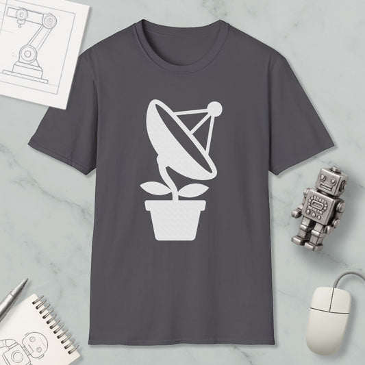 a gray t-shirt with a white graphic design, including a satellite dish and a plant, along with various objects such as a computer mouse, a notebook, and a robot.