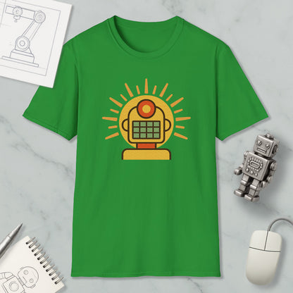 a green t-shirt with a graphic design of a robot or robot-like figure, along with a computer mouse and a notebook.