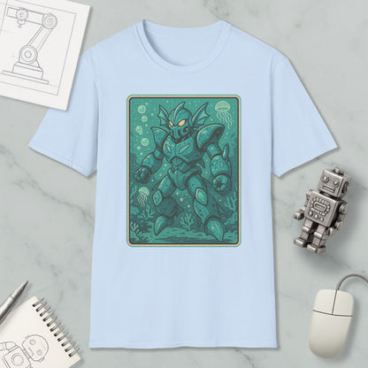 a light blue t-shirt with a graphic of a green armored robot or sea creature, surrounded by bubbles and underwater elements, placed on a marble surface alongside a computer mouse and a notebook.