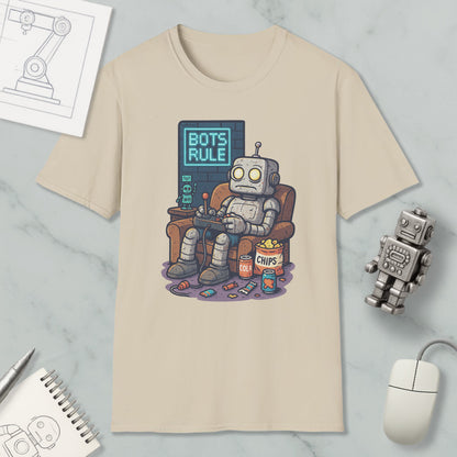 A t-shirt with a cartoon robot sitting in a chair and playing a video game, with the text "BOTS RULE" displayed on the screen.