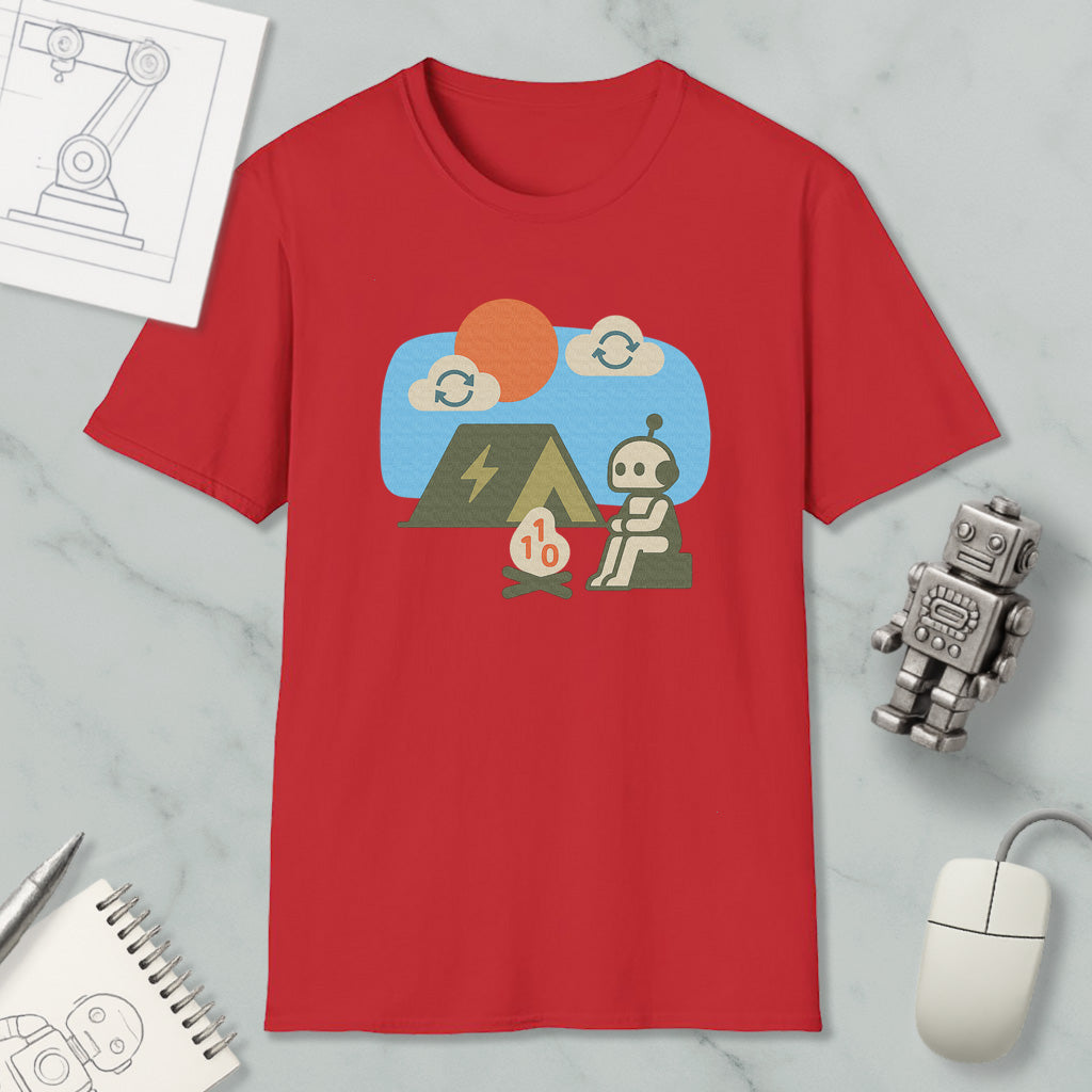 a red t-shirt with a graphic design depicting a robot and a tent, along with a small robot figurine and a computer mouse.