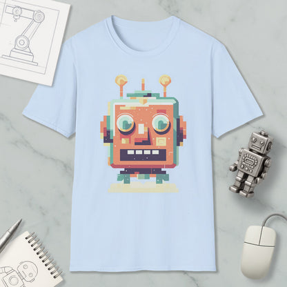 a light blue t-shirt with a colorful robot design, along with various objects such as a computer mouse, a notebook, and a pen.