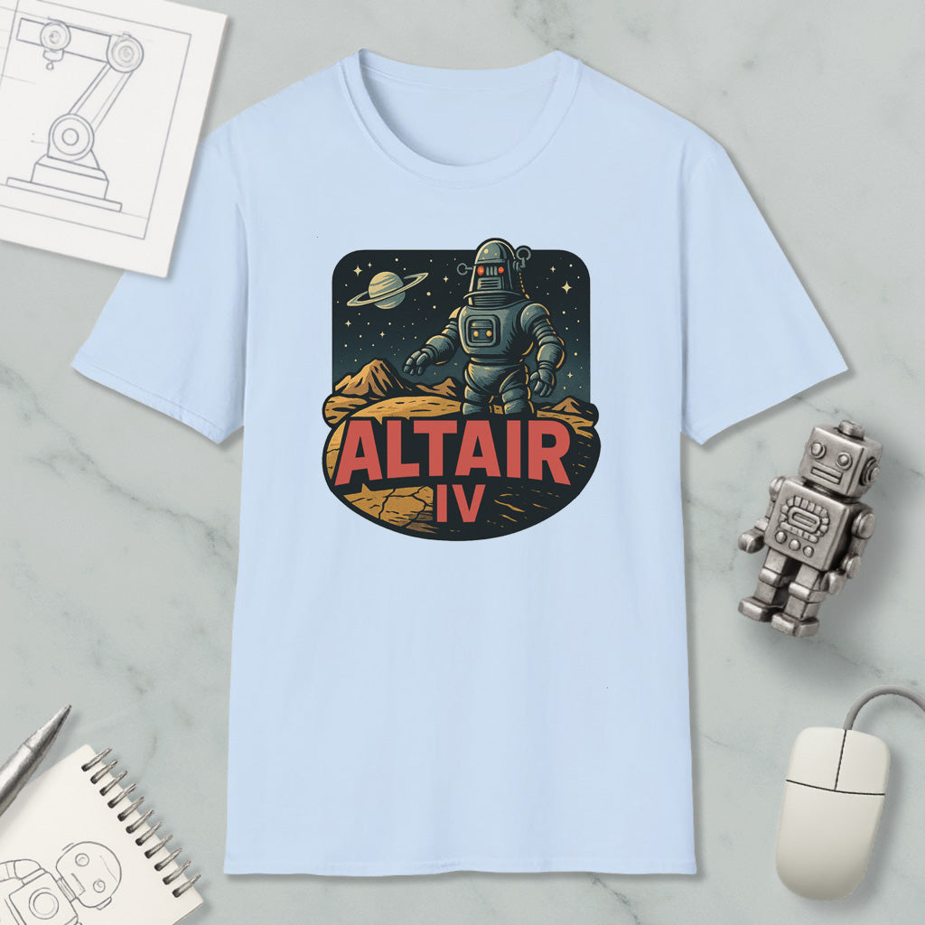 a light blue t-shirt with a graphic design depicting a robot standing on a rocky surface with a planet in the background, along with the text "ALT AIR IV".