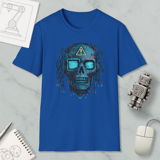 a blue t-shirt with a skull design, along with a computer mouse, a notebook, and a robot figurine.