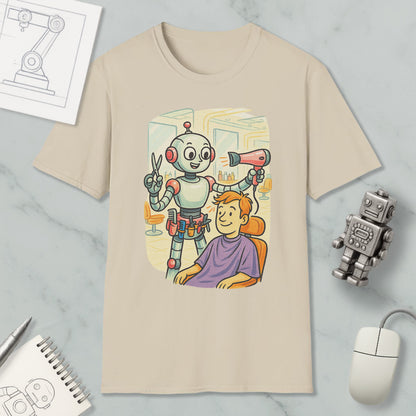 A t-shirt with an illustration of a robot giving a haircut to a person, accompanied by a computer mouse, a notebook, and a drawing of a robot.