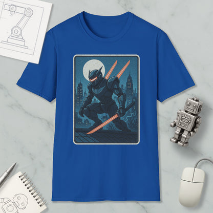 a blue t-shirt with a graphic design depicting a robot or character holding a sword, set against a night cityscape with a full moon.