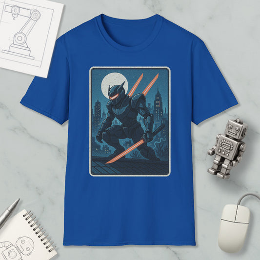 a blue t-shirt with a graphic design depicting a robot or character holding a sword, set against a night cityscape with a full moon.