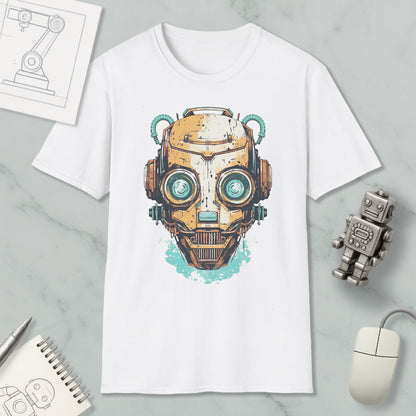 a white t-shirt with a graphic design of a robot or cyborg head, along with various objects such as a computer mouse, a notebook, and a pen.