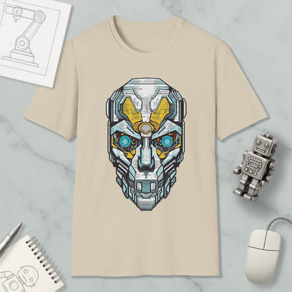 a beige t-shirt with a graphic design of a robot or cyborg head, along with various objects such as a computer mouse, a notebook, and a pen.