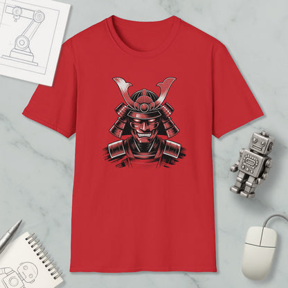 a red t-shirt with a graphic of a warrior or knight, along with various objects such as a mouse, a robot, and a notebook.