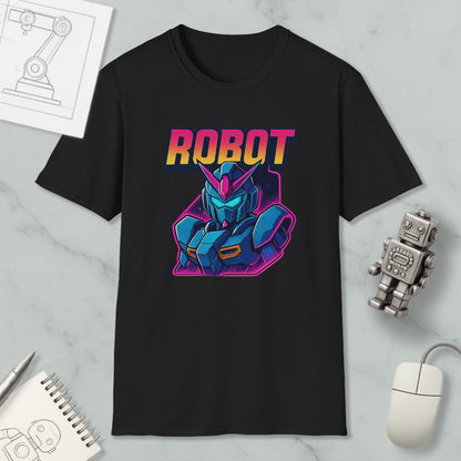 a black t-shirt with a graphic design of a robot character, along with various objects such as a mouse, a notebook, and a sketch of a robot.