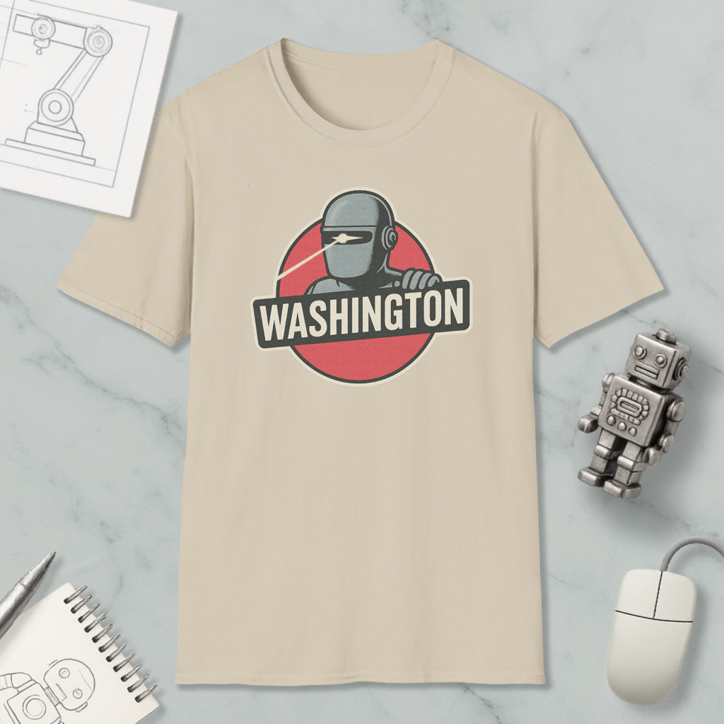 a beige t-shirt with a graphic design of a robot and the word "WASHINGTON" printed on it, along with a computer mouse and a notebook.