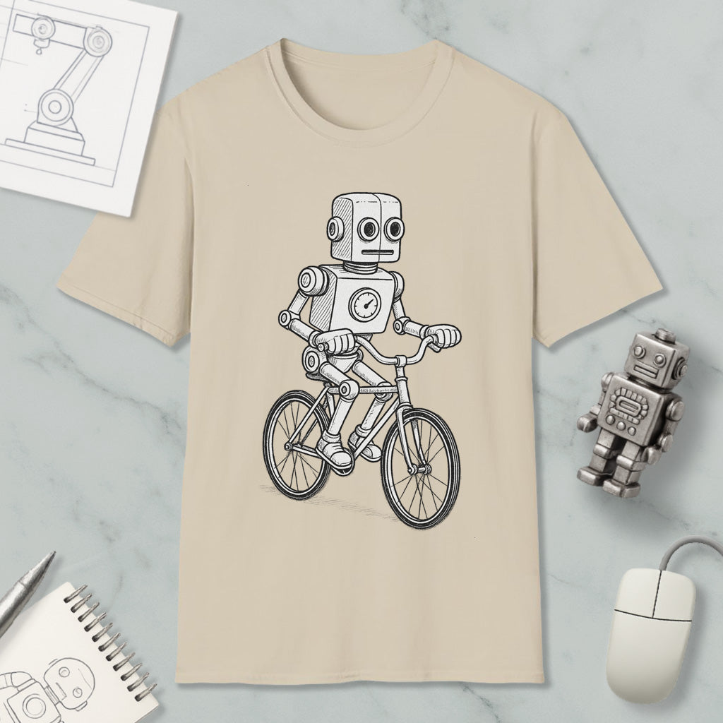 a beige t-shirt with a graphic of a robot riding a bicycle, along with various objects such as a computer mouse, a notebook, and a pen.