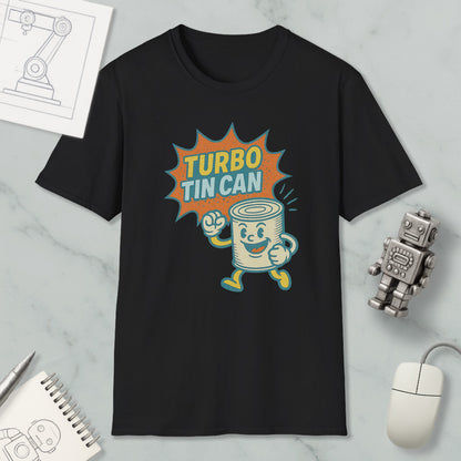 a black t-shirt with a graphic design depicting a tin can character with a surprised expression, accompanied by the text "TURBO TIN CAN".