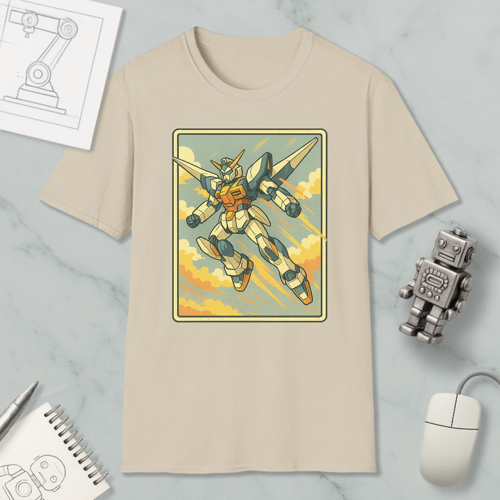 a beige t-shirt with a graphic of a robot or character, along with various objects such as a computer mouse, a notebook, and a robot figurine.