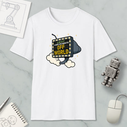 a white t-shirt with a graphic design of a robot or character holding a sign that says "A NEW LIFE AWAY!" The t-shirt is displayed on a marble surface, along with a computer mouse, a notebook, and a pen.