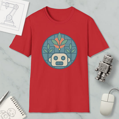 a red t-shirt with a graphic design of a robot and plants, along with a computer mouse and a notebook.