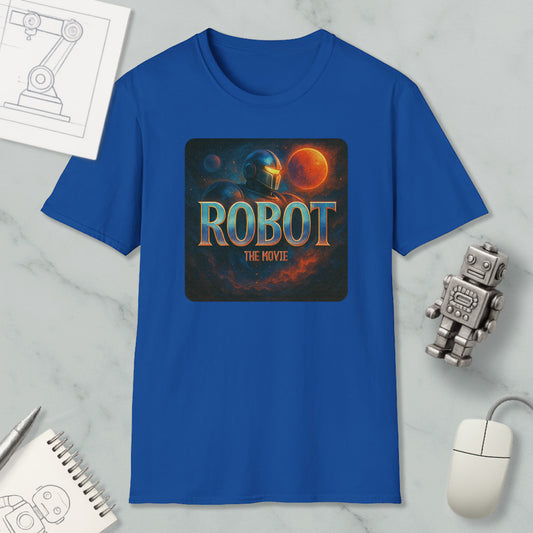 a blue t-shirt with a graphic design depicting a robot in space, along with the text "ROBOT THE MOVIE".