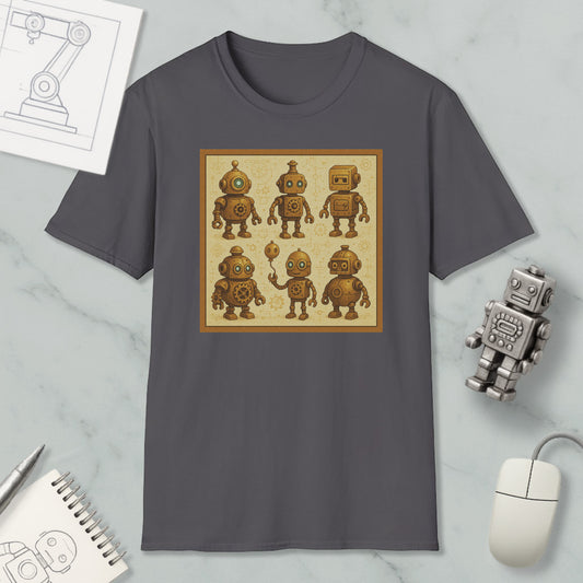 a gray t-shirt with a square design of six cartoon-like robots, each with unique features and poses. The t-shirt is displayed on a marble surface, along with a computer mouse, a notepad, and a small robot figurine.