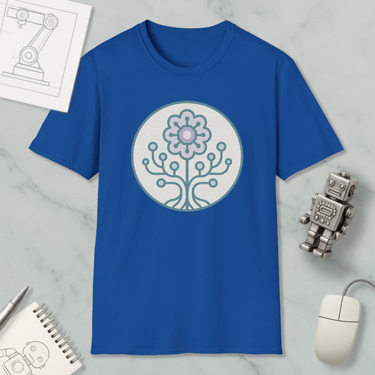 a blue t-shirt with a graphic design of a flower and a tree, along with a computer mouse, a notebook, and a robot figurine.