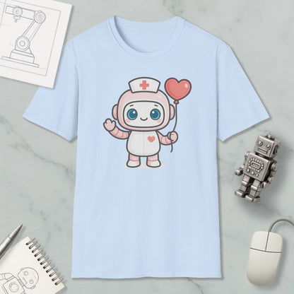 A light blue t-shirt with a cartoon nurse character holding a heart-shaped balloon, along with a computer mouse, a notebook, and a robot figurine.