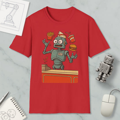 a red t-shirt with a cartoon robot standing in front of a fast-food restaurant, holding a burger, fries, and a drink.