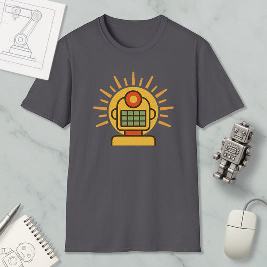 a gray t-shirt with a graphic design of a robot or machine, along with various objects such as a computer mouse, a notebook, and a pen.
