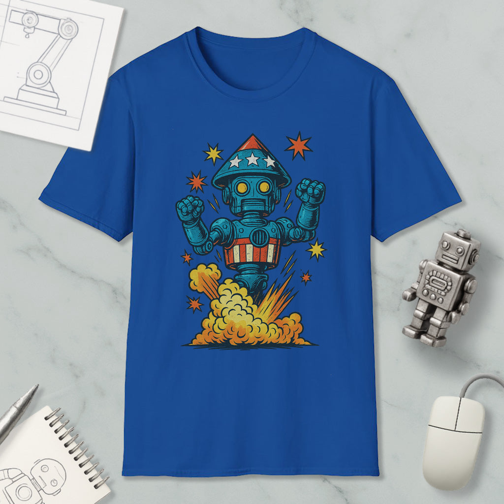 a blue t-shirt with a colorful graphic of a robot or robot-like character, surrounded by stars and a rocket-like explosion. The t-shirt is displayed on a marble surface, along with a computer mouse, a notebook, and a small robot figurine.