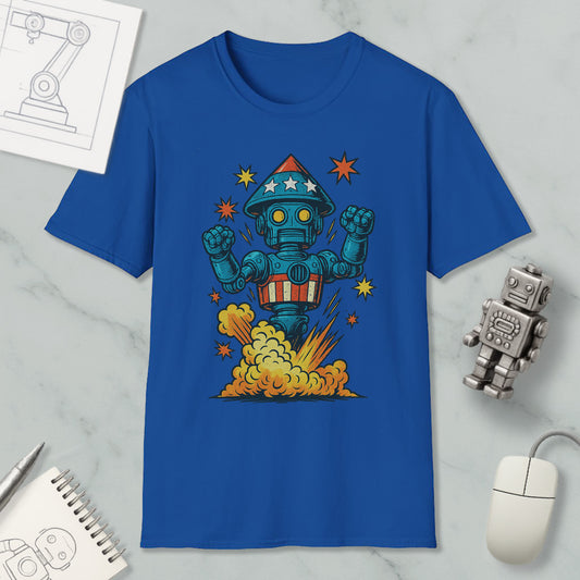 a blue t-shirt with a colorful graphic of a robot or robot-like character, surrounded by stars and a rocket-like explosion. The t-shirt is displayed on a marble surface, along with a computer mouse, a notebook, and a small robot figurine.