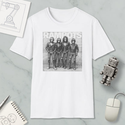 a white t-shirt with a black and white graphic of four people, along with a computer mouse and a notebook.