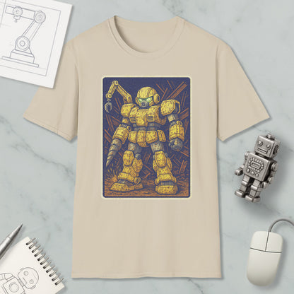 a t-shirt with a graphic of a yellow robot or robot-like figure, along with various objects such as a computer mouse, a pen, and a notebook.