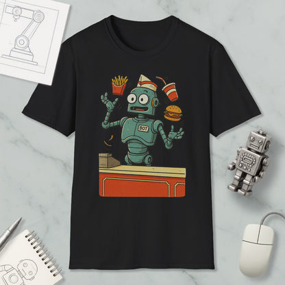 a black t-shirt with a colorful graphic of a robot standing in front of a fast-food counter, holding a burger, fries, and a drink.