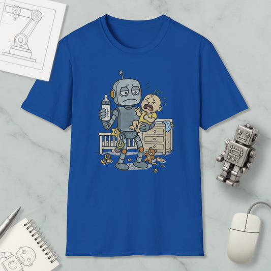 a blue t-shirt with a cartoon illustration of a robot holding a baby and crying, along with a computer mouse and a notebook on a marble surface.