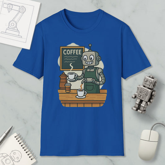 A blue t-shirt with a cartoon robot serving coffee, accompanied by a coffee cup, a coffee machine, and a computer mouse.