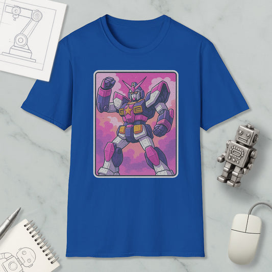 a blue t-shirt with a graphic of a robot or character, along with various objects such as a computer mouse, a notebook, and a pen.
