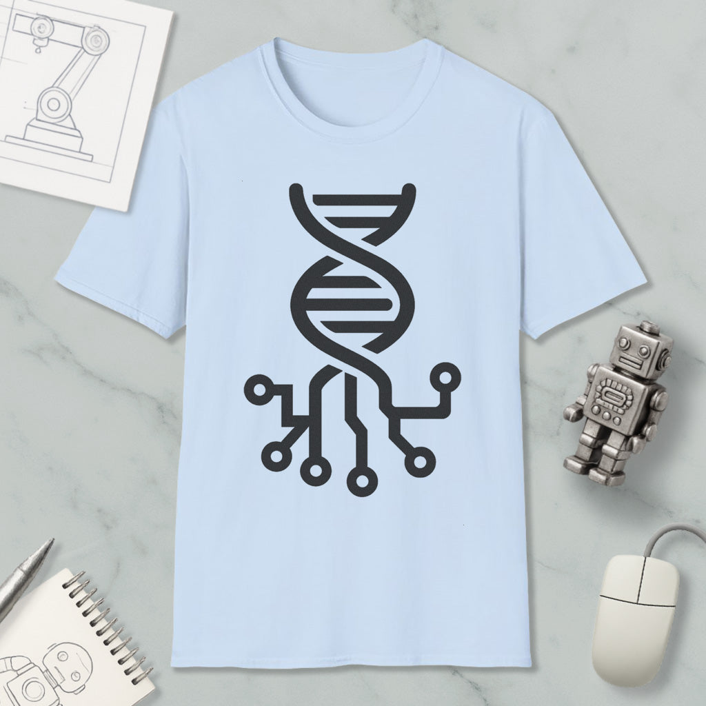 a light blue t-shirt with a black graphic design depicting a DNA double helix, surrounded by various objects such as a computer mouse, a notebook, and a robot.