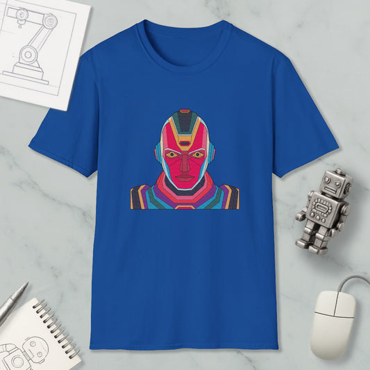 a blue t-shirt with a colorful graphic of a robot or character on it, along with various office supplies and a computer mouse.