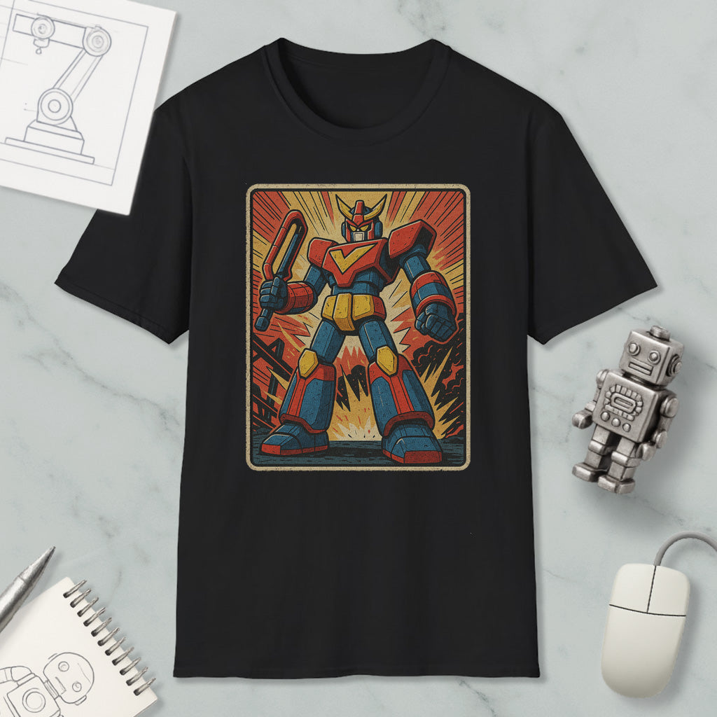 a black t-shirt with a colorful graphic of a robot or character, along with various objects such as a mouse, a notebook, and a robot figurine.