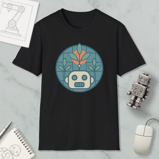 a black t-shirt with a graphic design of a robot and plants, along with a computer mouse and a notebook on a marble surface.