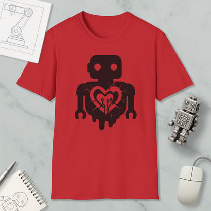 a red t-shirt with a black robot graphic and a heart symbol, along with a computer mouse and a notebook.