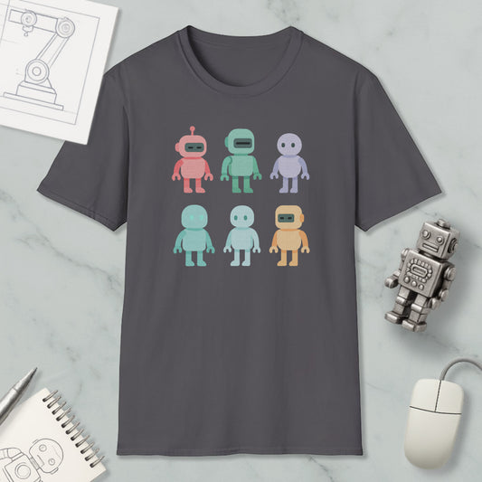 a gray t-shirt with a graphic design of six colorful robot characters, along with various objects such as a computer mouse, a notebook, and a pen.