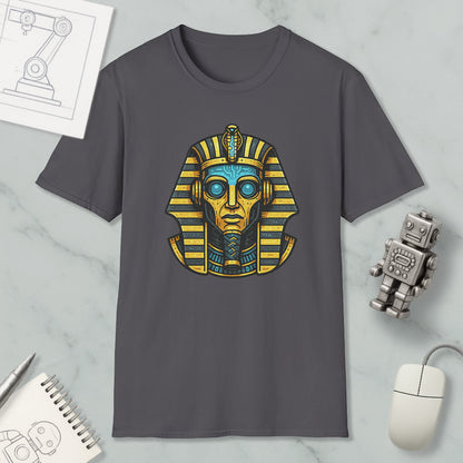 a gray t-shirt with a graphic design of an Egyptian pharaoh's head, surrounded by various objects such as a computer mouse, a notebook, and a robot.