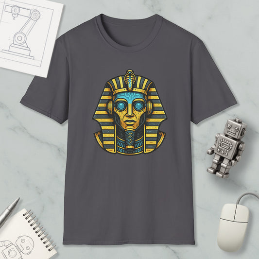 a gray t-shirt with a graphic design of an Egyptian pharaoh's head, surrounded by various objects such as a computer mouse, a notebook, and a robot.