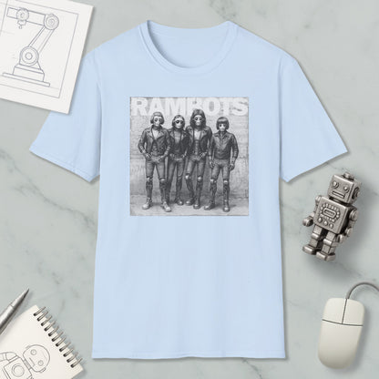 a light blue t-shirt with a black and white graphic of four people, along with a computer mouse and a notebook.