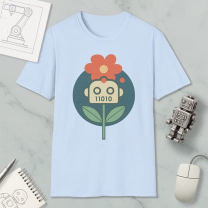 a light blue t-shirt with a graphic design of a flower and a robot, along with various objects such as a computer mouse, a notebook, and a robot figurine.
