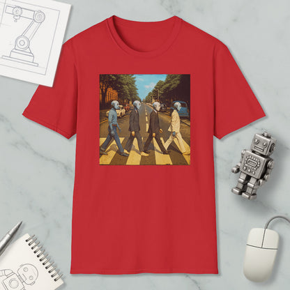 a red t-shirt with a graphic of the iconic album cover for the song " Abbey Road" by The Beatles, along with a robot and a computer mouse.