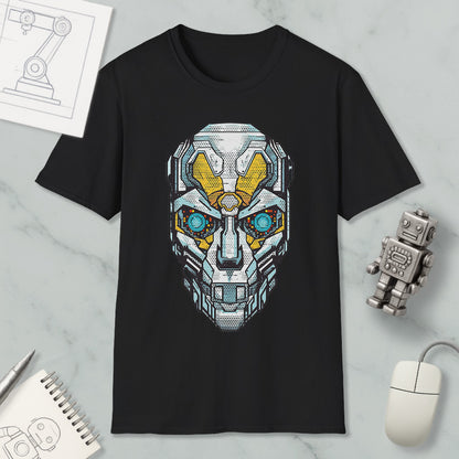a black t-shirt with a graphic design of a robot or cyborg face, along with various objects such as a computer mouse, a notebook, and a pen.